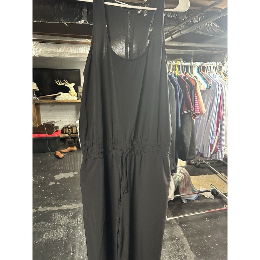 Athleta Women's Black Solid Sleeveless Zip Back Jumpsuit w/ Drawstring, 10